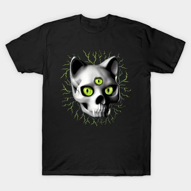 Cat Skull Three Eyes Creepy Surreal Horror Portrait T-Shirt by BluedarkArt